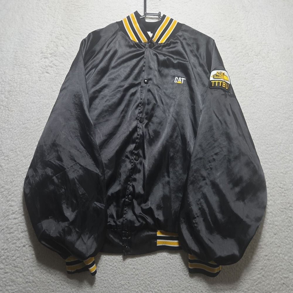 VTG 80s Caterpillar Black Satin Jacket Construction Size XL